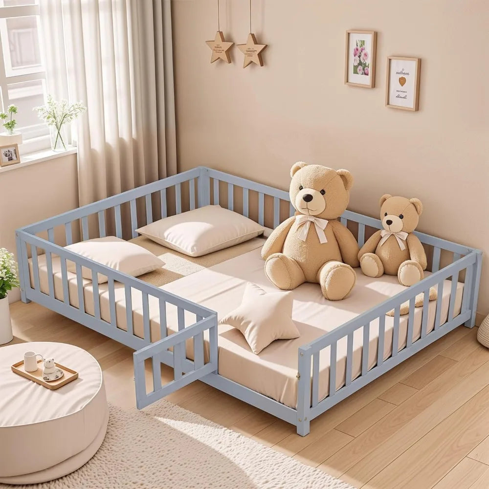 Wooden Full Size Floor Bed Frame with Fence And Door for Kids/ Toddler Bed with Support Slats Girls Boys