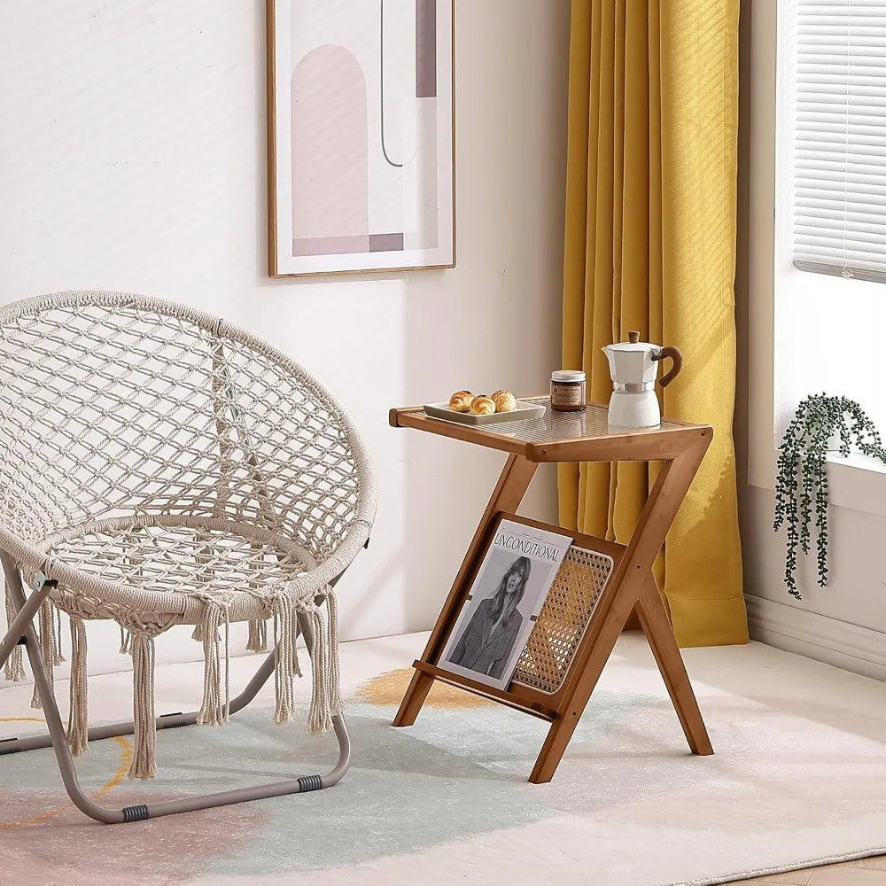 Mid-Century Bamboo Side Table, Rattan Nightstand Accent, Bohemian Wood End Table with Glass Top
