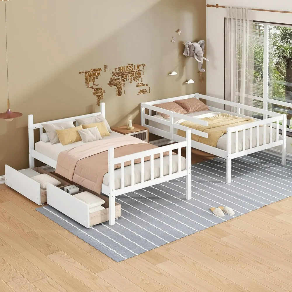 Solid Wood Twin Bunk Bed with Storage, Ladder, and Raised Guardrails for Children, Convertible Design