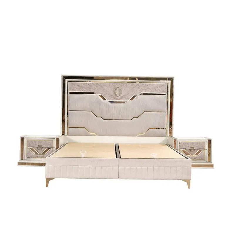 Modern Style 4 Pc King Upholstered Bedroom Set with Wood and Gold Accents in Beige
