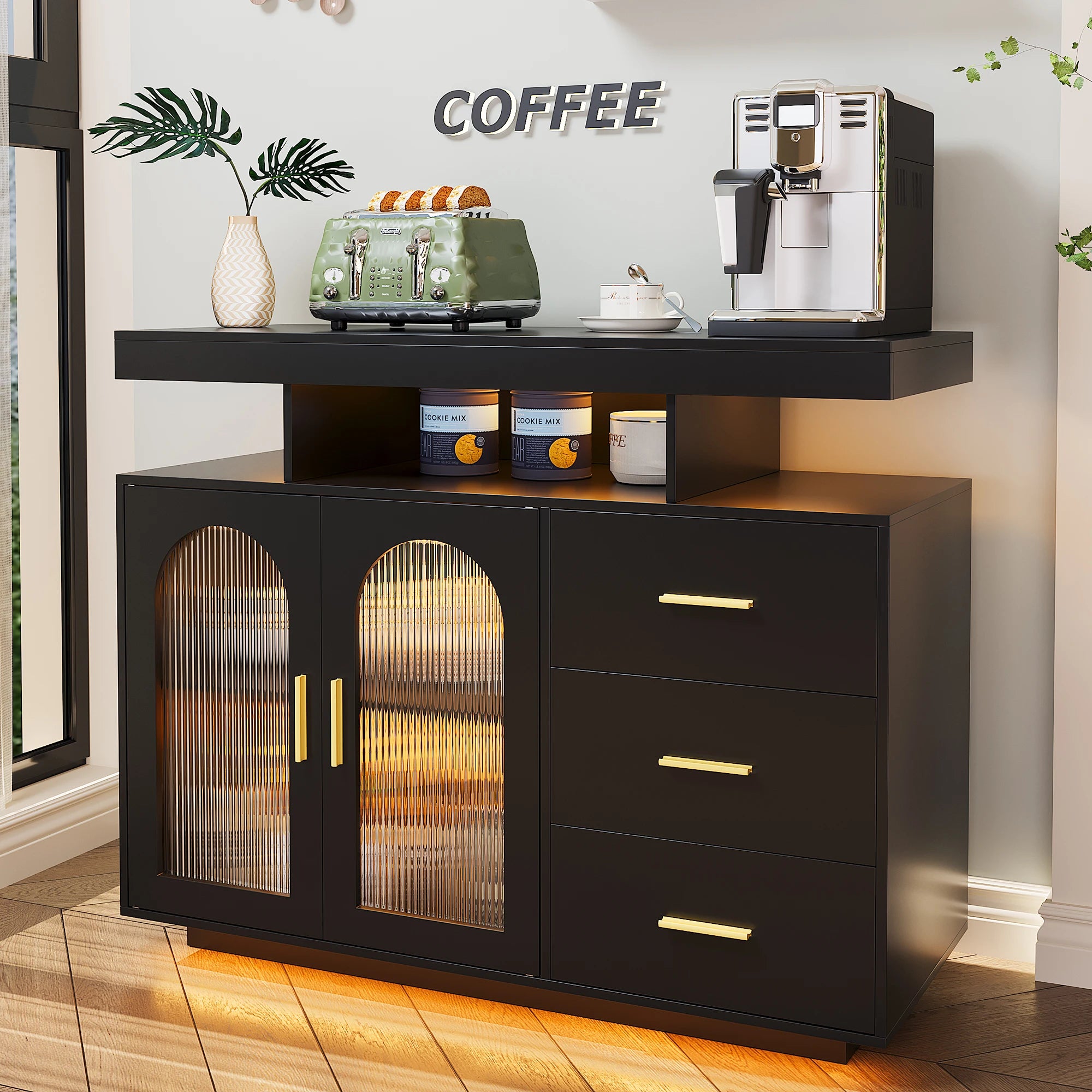 JDPAG 40" LED Buffet Cabinet with Wireless Charging Station, Auto Sensor RGB 20-Color Dimmable Sideboard