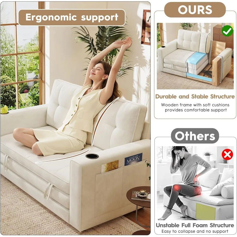 55" Convertible Sofa Bed Pull out Couch Love Seat Sleeper Bed Small Fold out Sofa with Cup Holder Home Living Room Furniture