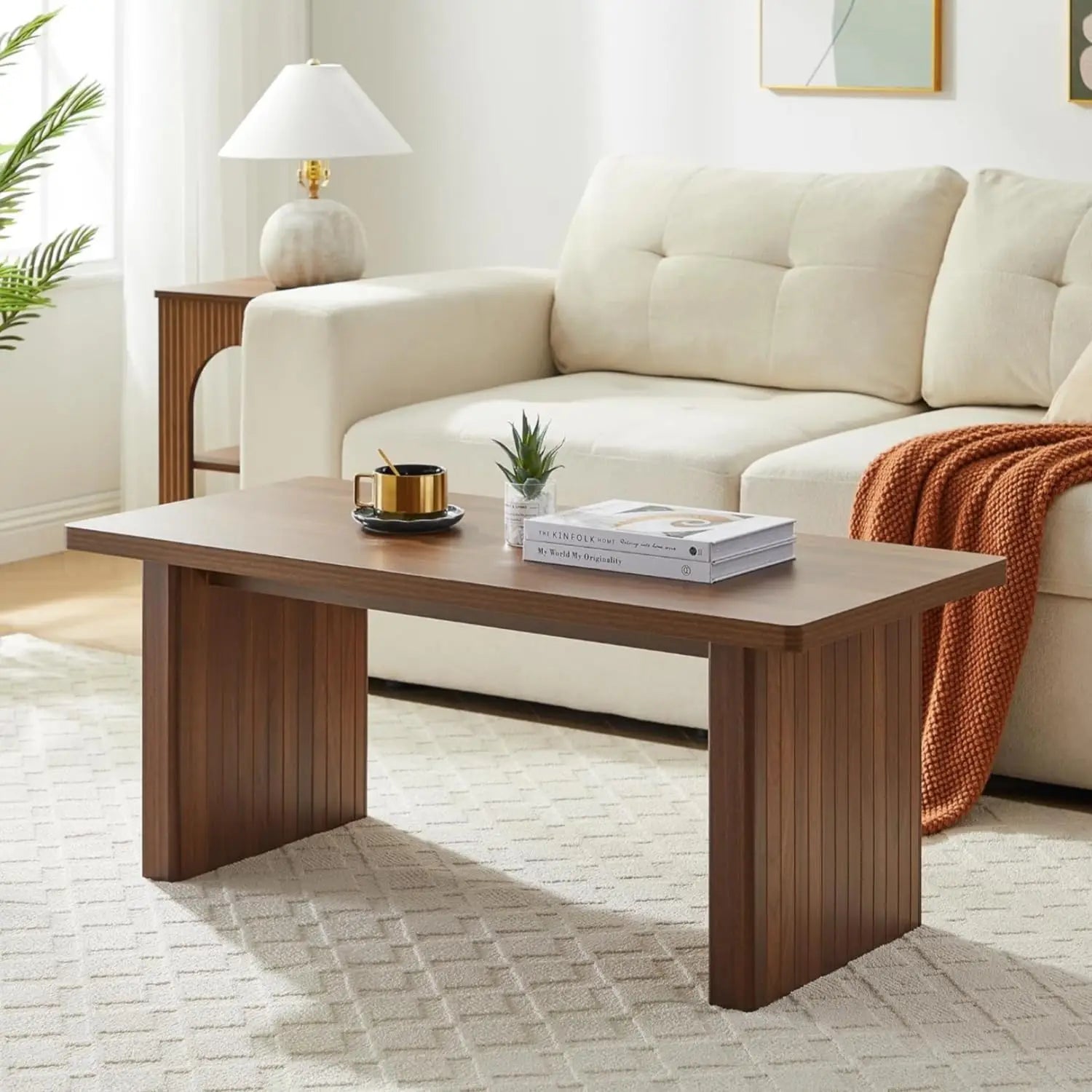 AVZEAR Oval Fluted Coffee Table for Living Room, Mid Century Modern Coffee Table with Storage, Curved Round Wooden Center Table