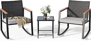 3 Pieces Rocking Patio Bistro Set with Anti-Scald Armrest, Outdoor Patio Wicker Furniture Set with Glass Table and Cushion for