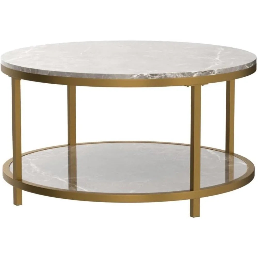 Round Coffee Table 33.5" Coffee Table for Living Room High Glossy Faux Marble Top Modern Circle Table Sturdy Gold Metal Frame