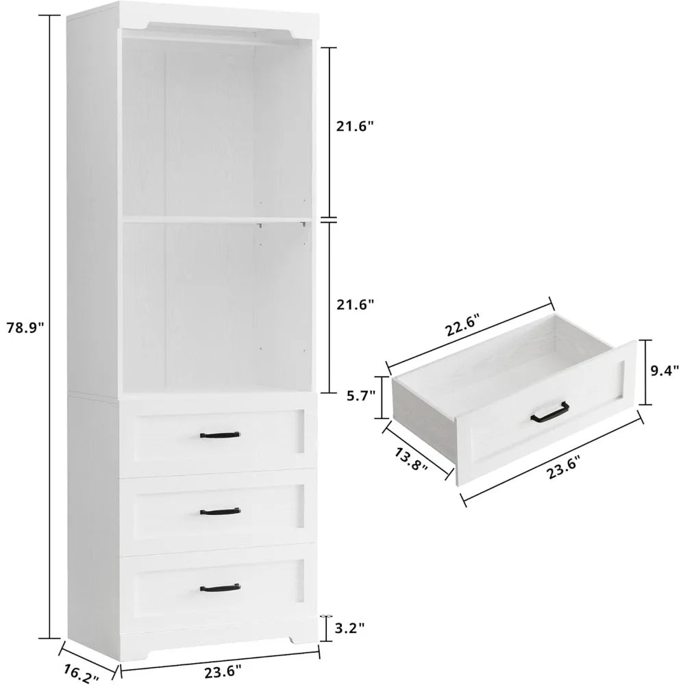 Freestanding Closet System with Wood Drawers, Adjustable Shelves, and Hanging Rod
