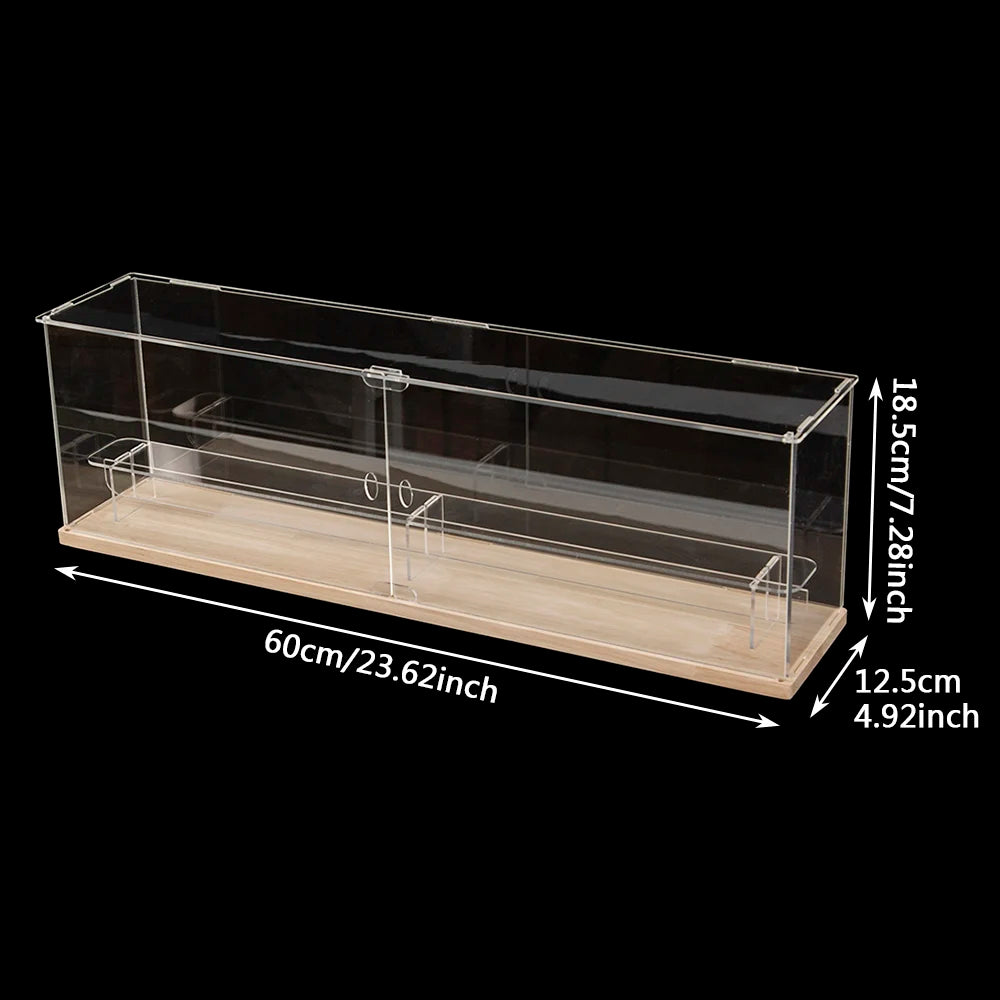 60cm Long Clear Acrylic Blind Box Display Case Solid Wood Base 2/3 Tiers Removable Shelves Dustproof Figurine Action Figure Organizer Showcase Cabinet with Magnetic Front Door for Pop Mart Collectibles Home Decor