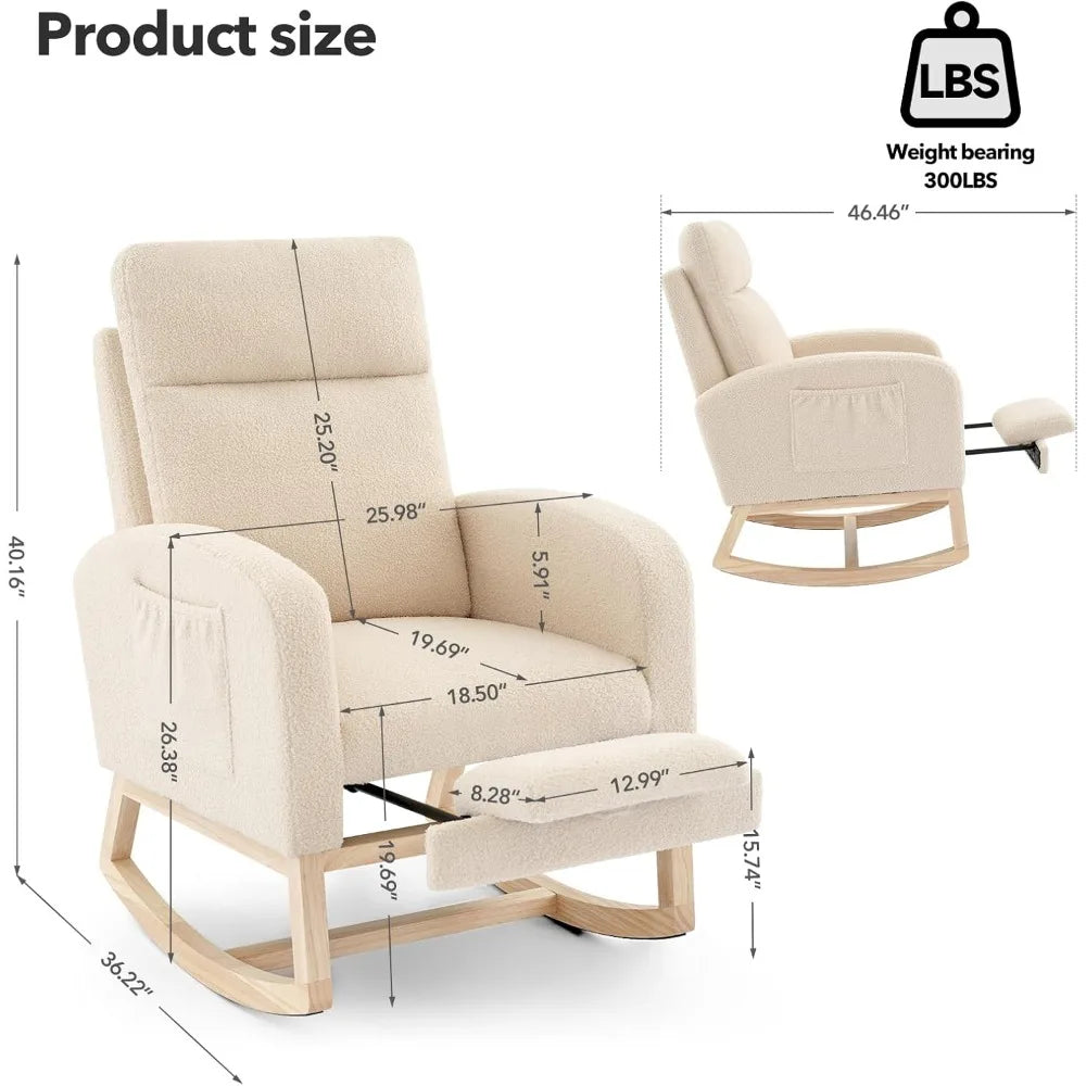 Modern Upholstered Glider Rocking Chair with Side Pocket, High Backrest and Padded Seat for Nursery and Living Room