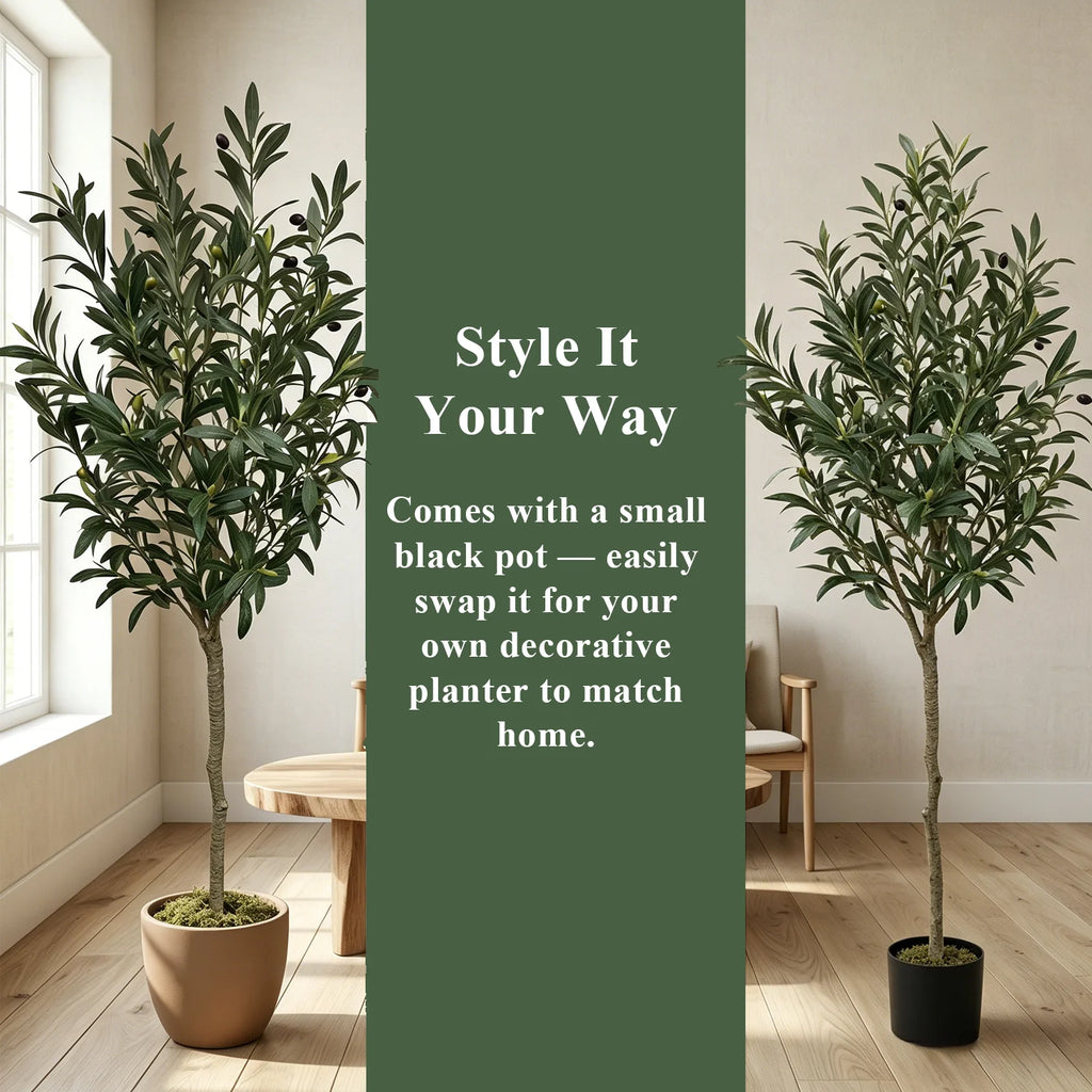 Artificial Olive Tree with Planter, Realistic Faux Silk Plant with Wood Trunk & Lifelike Fruits, Tall Fake Potted Olive Tree for Home/ Office/ Living Room Decor