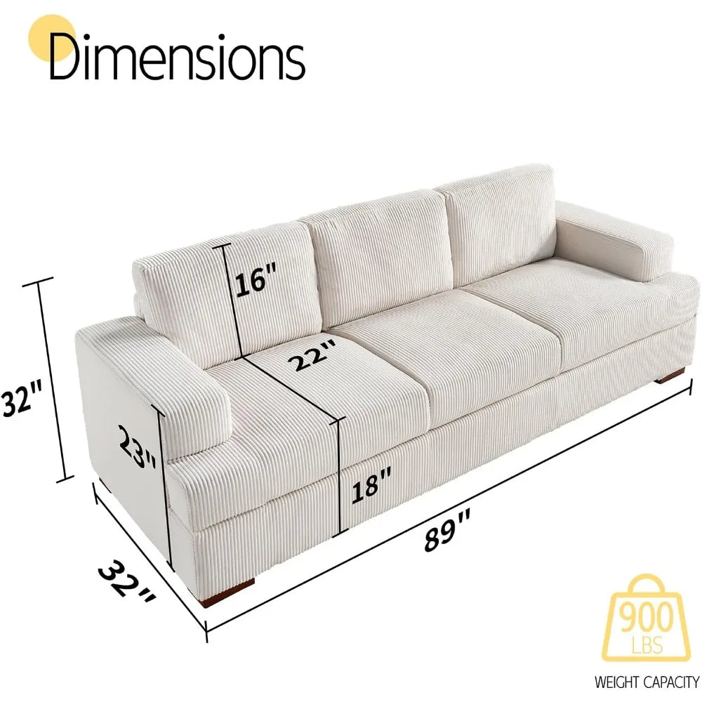 89" Comfortable 3-Person Sofa with Wooden Legs, Deep Seating White Corduroy Modern Couch for Living Room