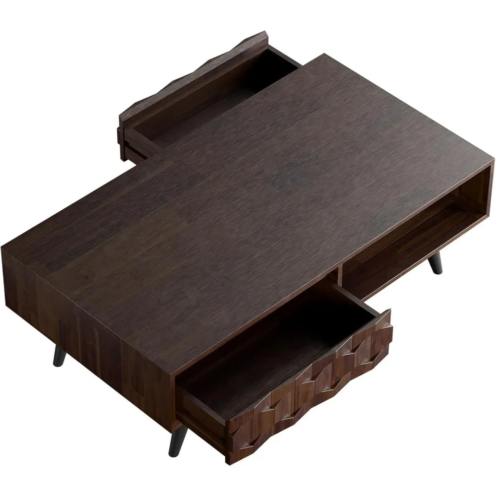 Georgina Solid Wood Coffee Tables for Living Room, Coffee Table Mid Century Modern with 2 Symmetrical Storage Drawers