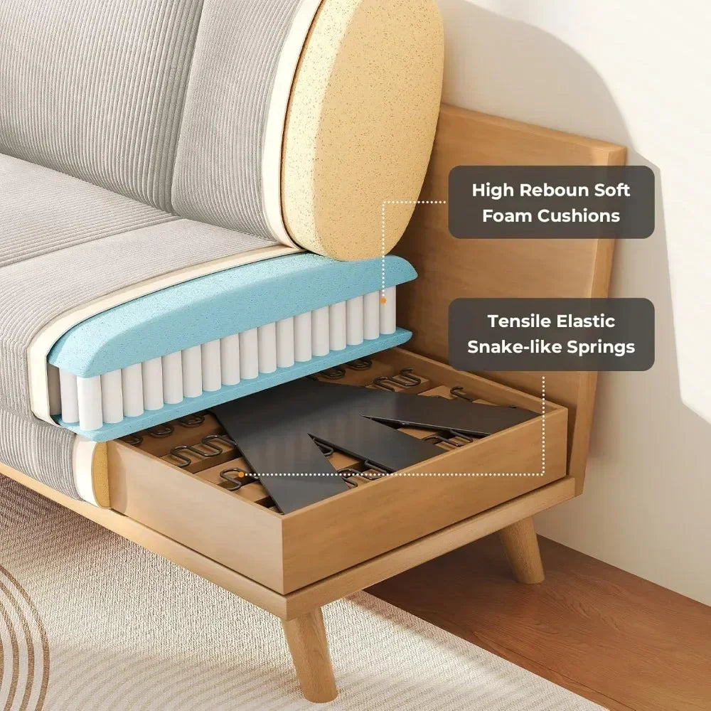68" loveseat sofa light grey, comfy corduroy couch with spring cushion and solid wood, modern deep seat for bedroom, living roo