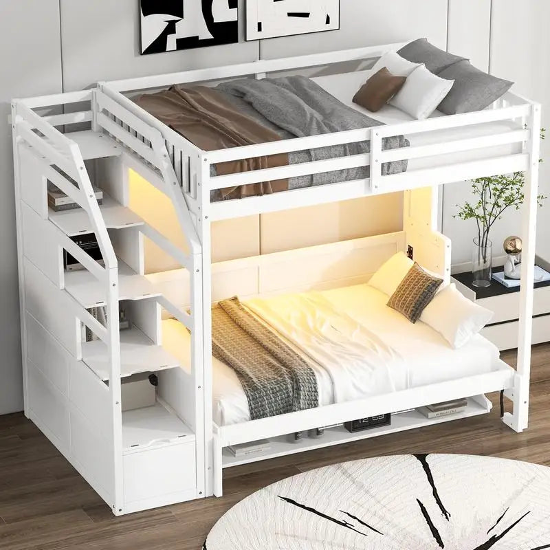 Full XL Loft Bed with Storage Staircase and Murphy Bed, LED Light, White Finish