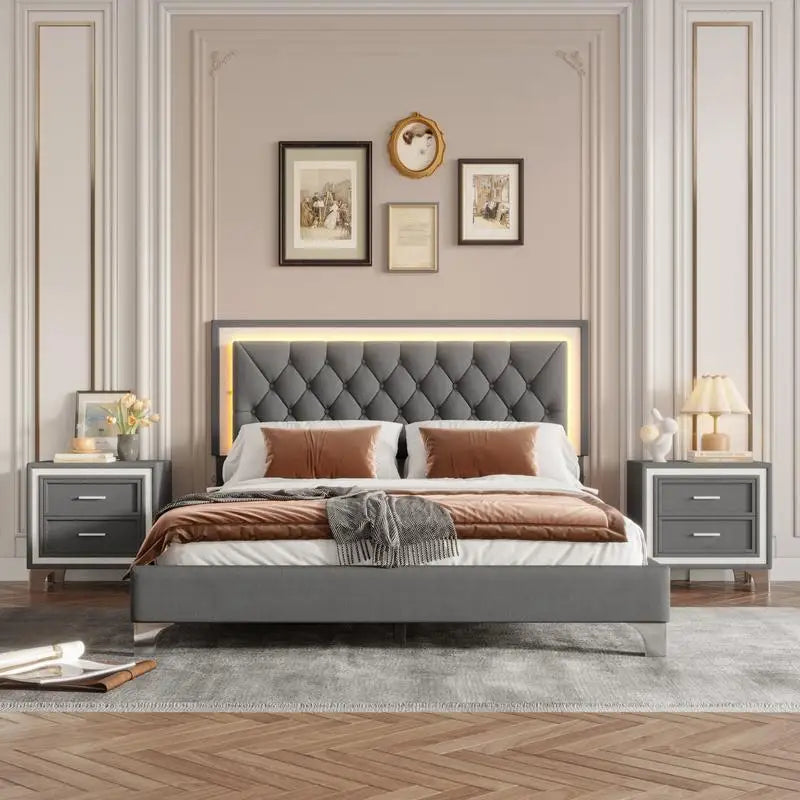 Queen Size Upholstered Platform Bed with LED Lights and 2 Nightstands in Gray - 3-Piece Bedroom Set
