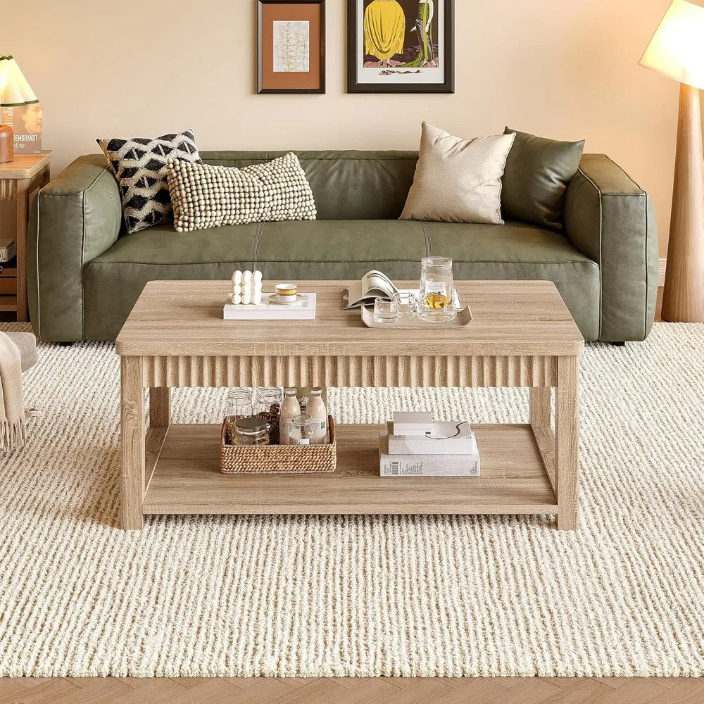 Coffee Table, 39 Inch Modern Coffee Table for Living Room with 2-Tier Storage & Wave-Edge, Oak Center Table for Bedroom/Office