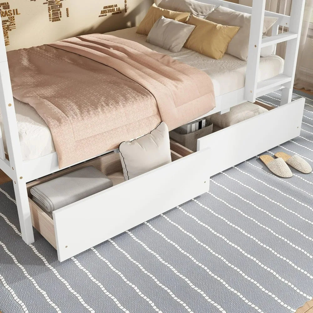 Solid Wood Twin Bunk Bed with Storage, Ladder, and Raised Guardrails for Children, Convertible Design