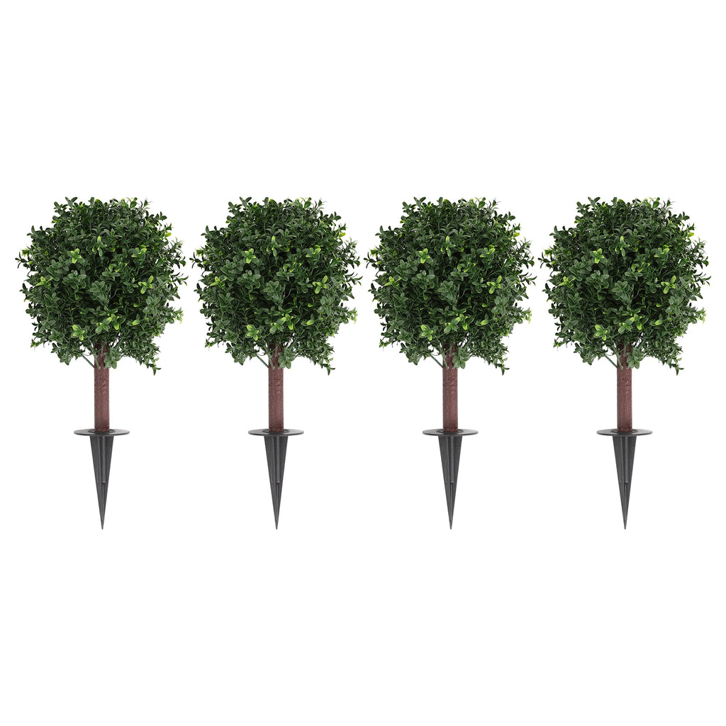 Set of 4 Artificial Boxwood Topiary Ball Trees, 25.6in Faux Potted Plants, UV Resistant, Outdoor Fake Shrubs with Ground Spikes, Realistic Green Foliage, No Fade, No Maintenance, Easy Install, for Garden, Patio, Porch, Home,