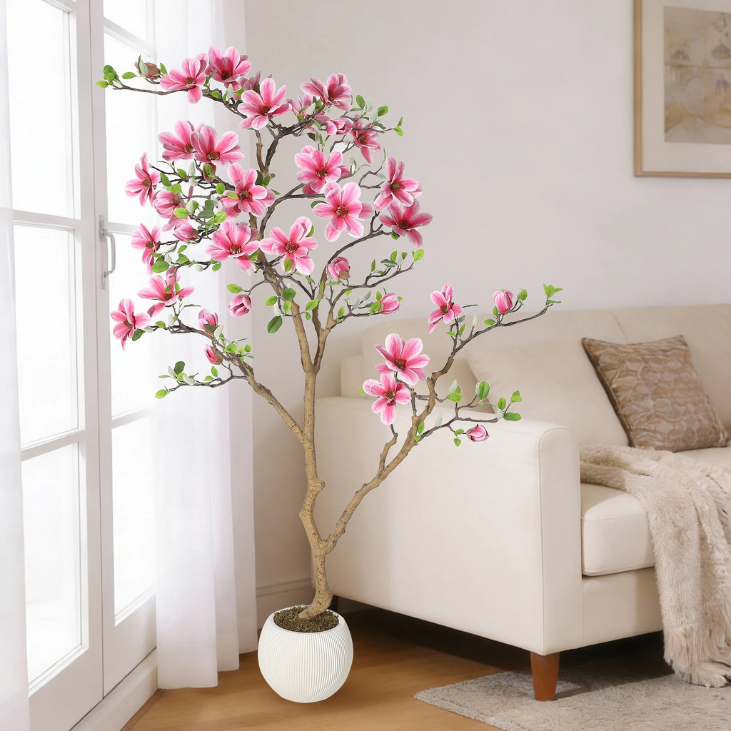 Lifelike Pink Magnolia Artificial Tree for Home Decor – Realistic Tall Silk Faux Plant Flower in Pot for Living Room/ Entryway