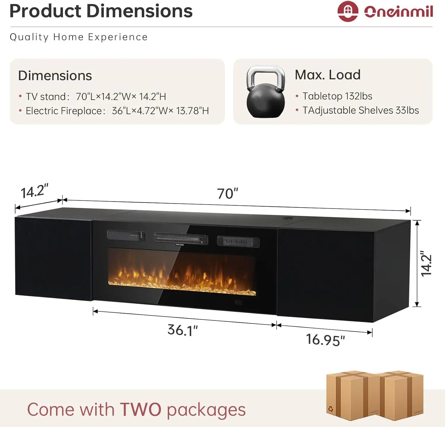 70" Floating TV Stand with 36" Electric Fireplace, Wall Mounted Fireplace Entertainment Center with Storage