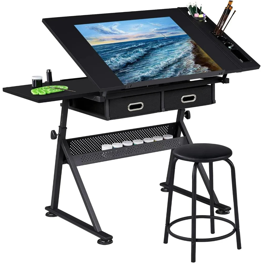 Height Adjustable Art and Craft Table with Tilting Tabletop, Stool, and Storage for Drafting and Workstation Use