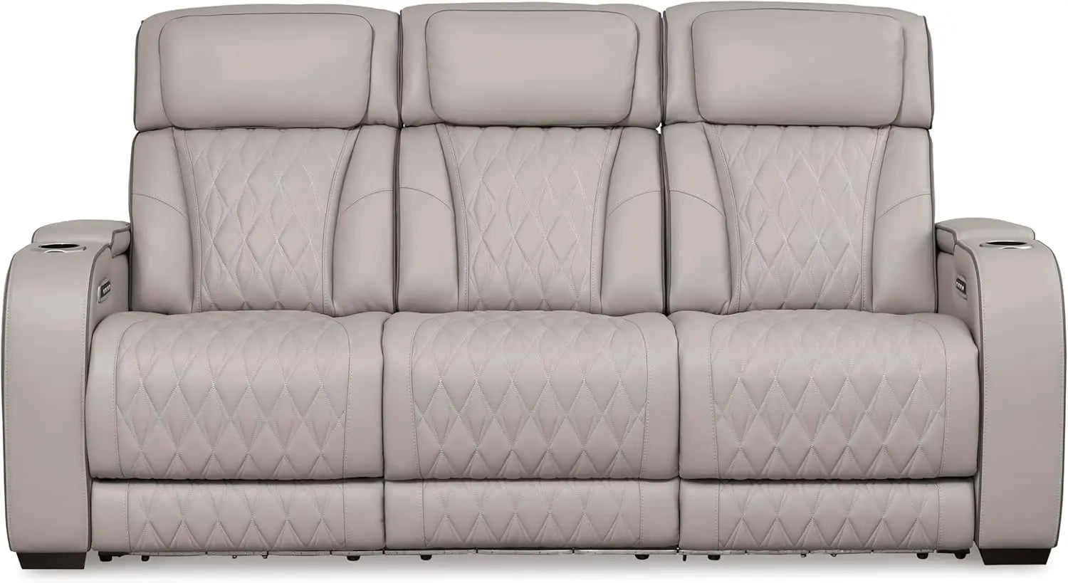 Boyington Contemporary Leather Match Power Reclining Sofa with USB Charging Ports, LED Lights and Adjustable Headrest, Gray
