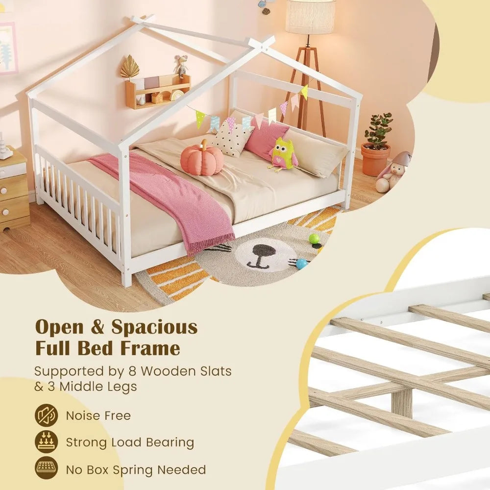 Full Size Floor Bed, with Roof, Headboard and Footboard, Low Full Bed Frame for Kids Teens Girl