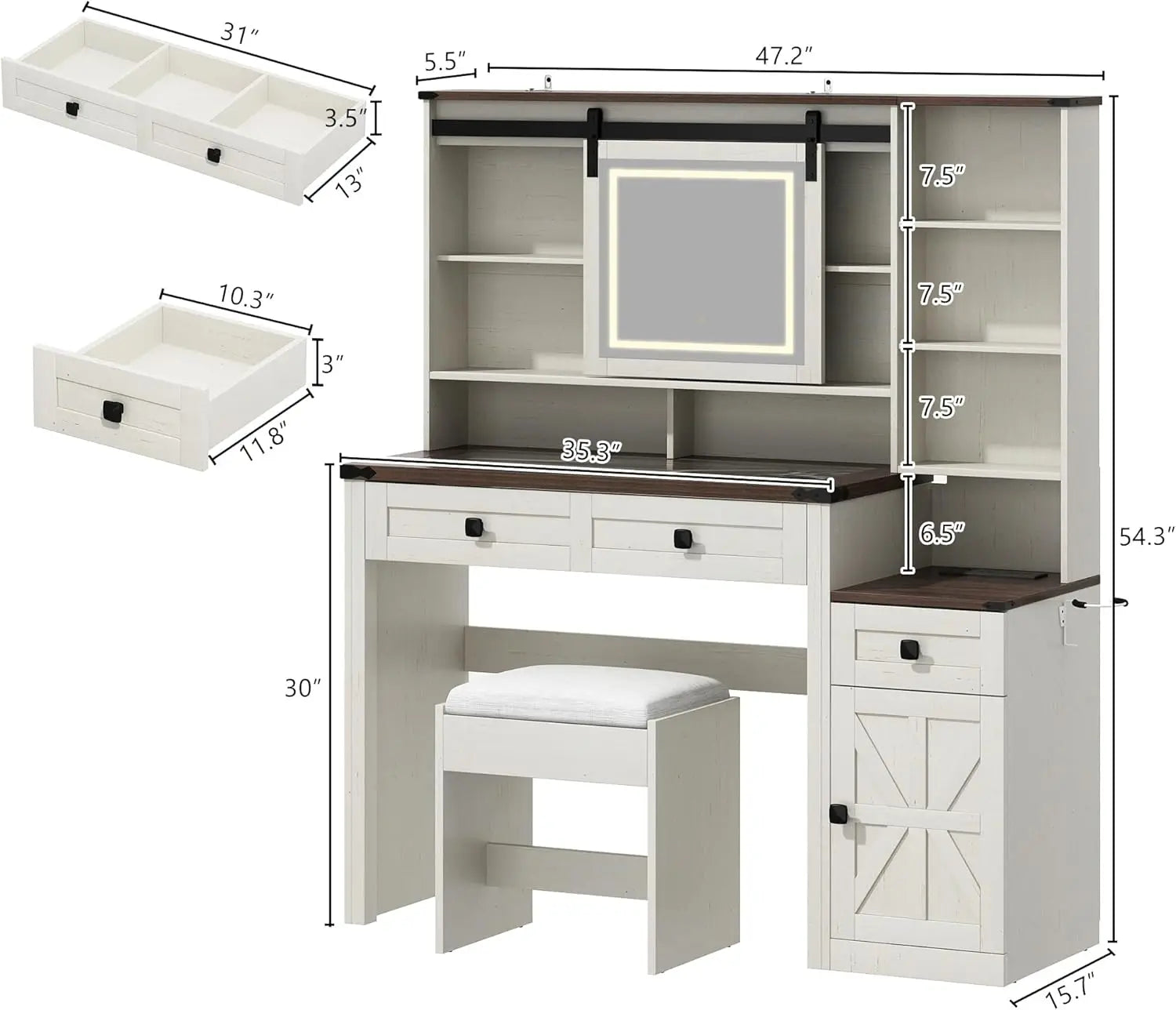 Farmhouse 47" Large Makeup Vanity Desk with Glass Tabletop, White Vanity with Sliding Mirror and Lights, Vanity Set with Stool