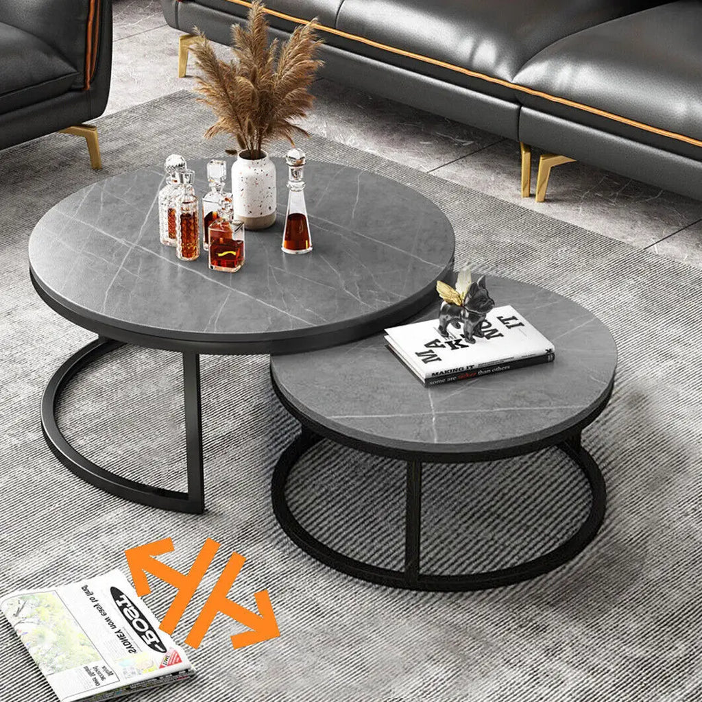 Modern Nesting Round Grey Marble Top Coffee Table Set/ Sintered Stone Table/ Metal Legs Home Furniture