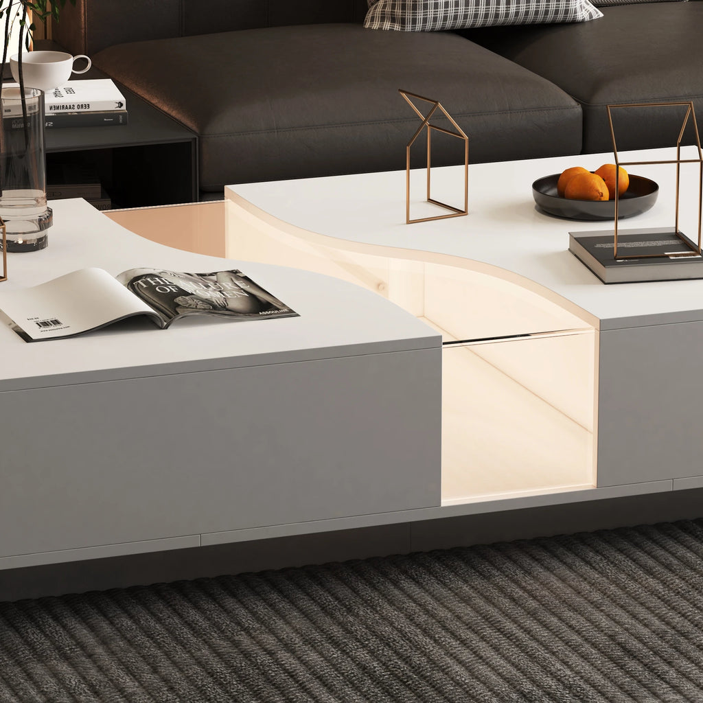 55.1'' Wide Modern Coffee Table With 2 Drawers & LED Lights, Coffee Table With Spacious Tabletop, For Living Room