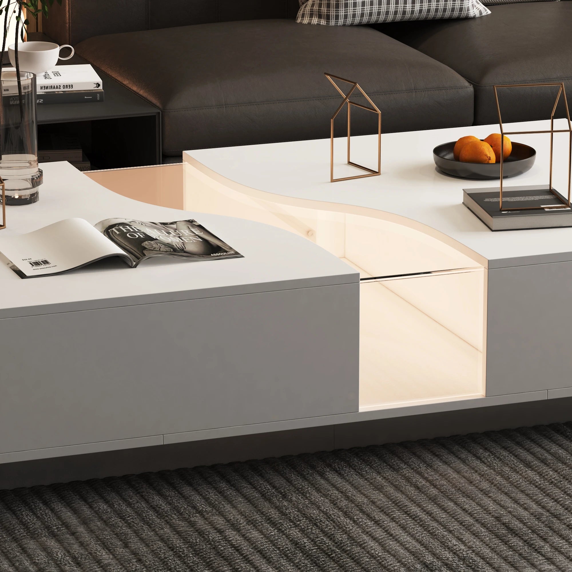 55.1'' Wide Modern Coffee Table With 2 Drawers & LED Lights, Coffee Table With Spacious Tabletop, For Living Room