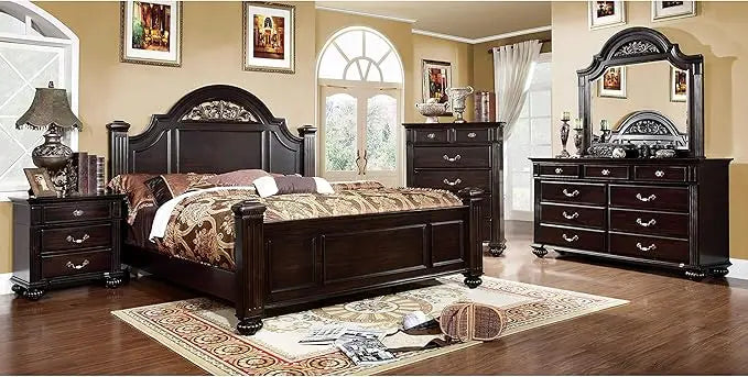 6-Piece Traditional Solid Wood Bedroom Set with Chest, Mirrored-Dresser and 2 Nightstands