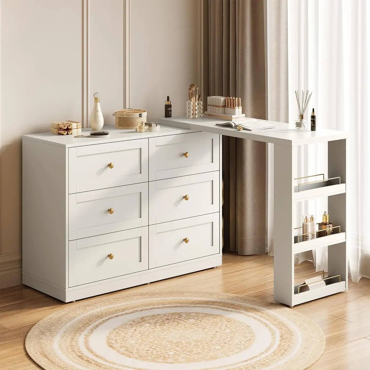 Vanity Desk and Dresser Combo, 76" L Extendable Big Makeup Vainty with 6 Drawer Dresser and 3 Side Shelves, White
