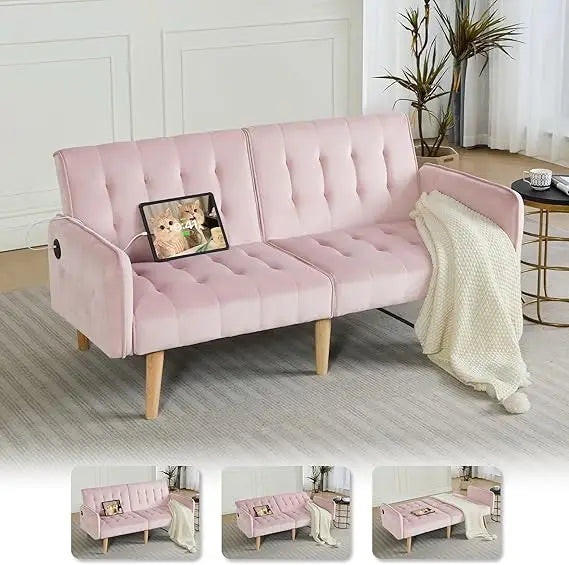 65-inch Wide Velvet Modern Convertible Futon Sofa Bed with USB Charging Ports and Arms, Ideal for Compact Living Spaces
