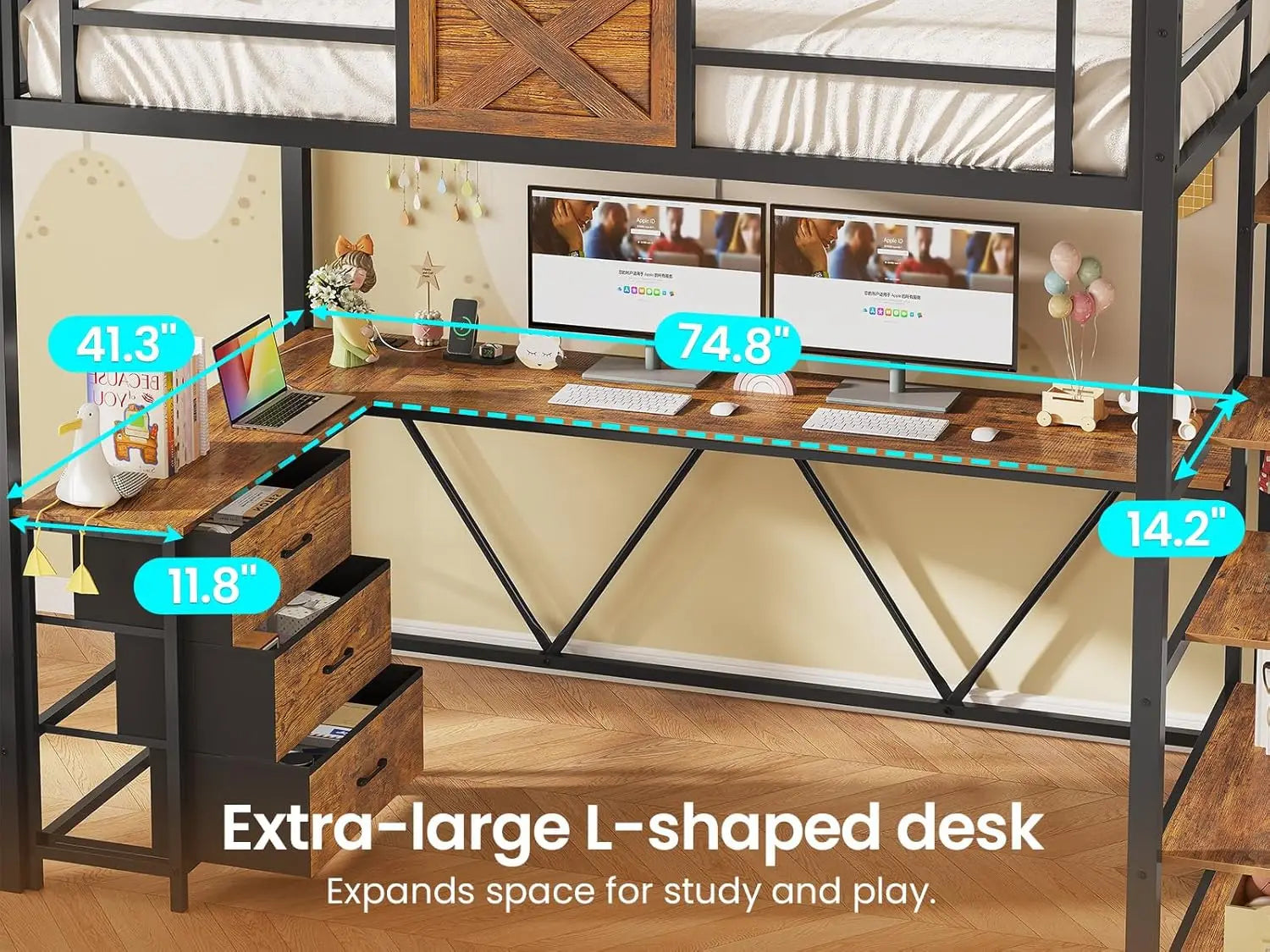 Twin Loft Bed with L-Shaped Desk, Wardrobe & Storage Stairs, LED Lights & Charging Station, Rustic Brown