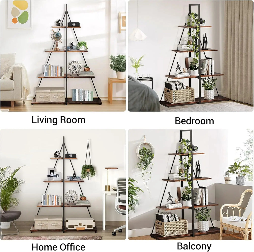 4-Tier A-Frame Ladder Shelf Bookcase - Steel Frame Bookshelf | Rustic Book Storage Shelf for Living Room, Bedroom or Kitchen, Living Room Display Rack Stand
