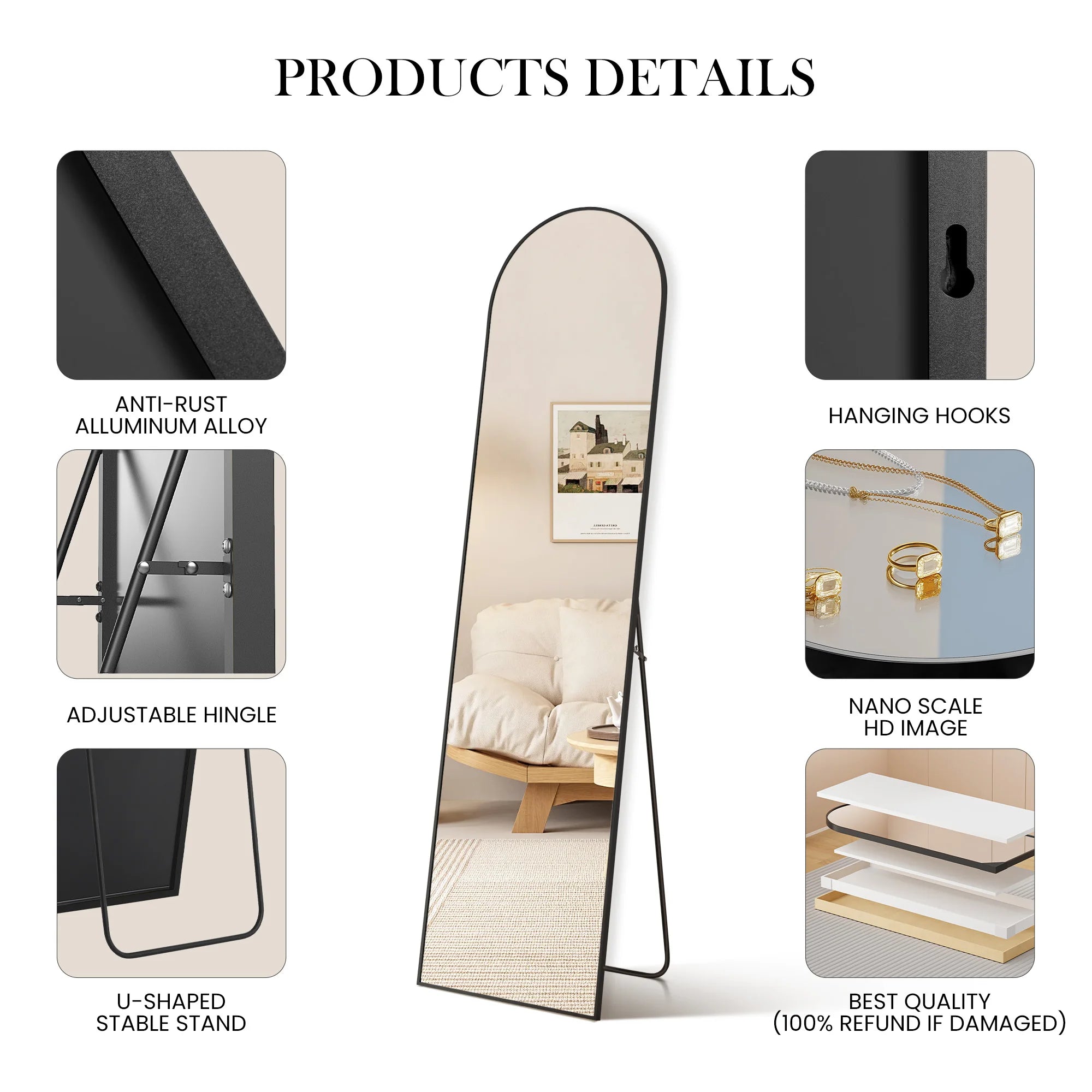 Full Length Mirror with Stand 59"x16" Floor Mirror with Aluminum Alloy Frame Body Wall-Mounted Mirrors For Bedroom/ Bathroom