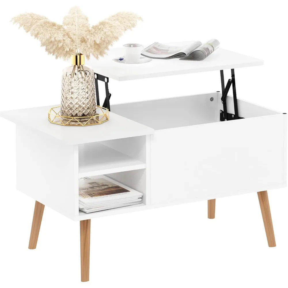 Jensen Wooden Leg Lift Top Coffee Table with Hidden Compartment and Side Open Storage Shelf for Living Room, Solid White