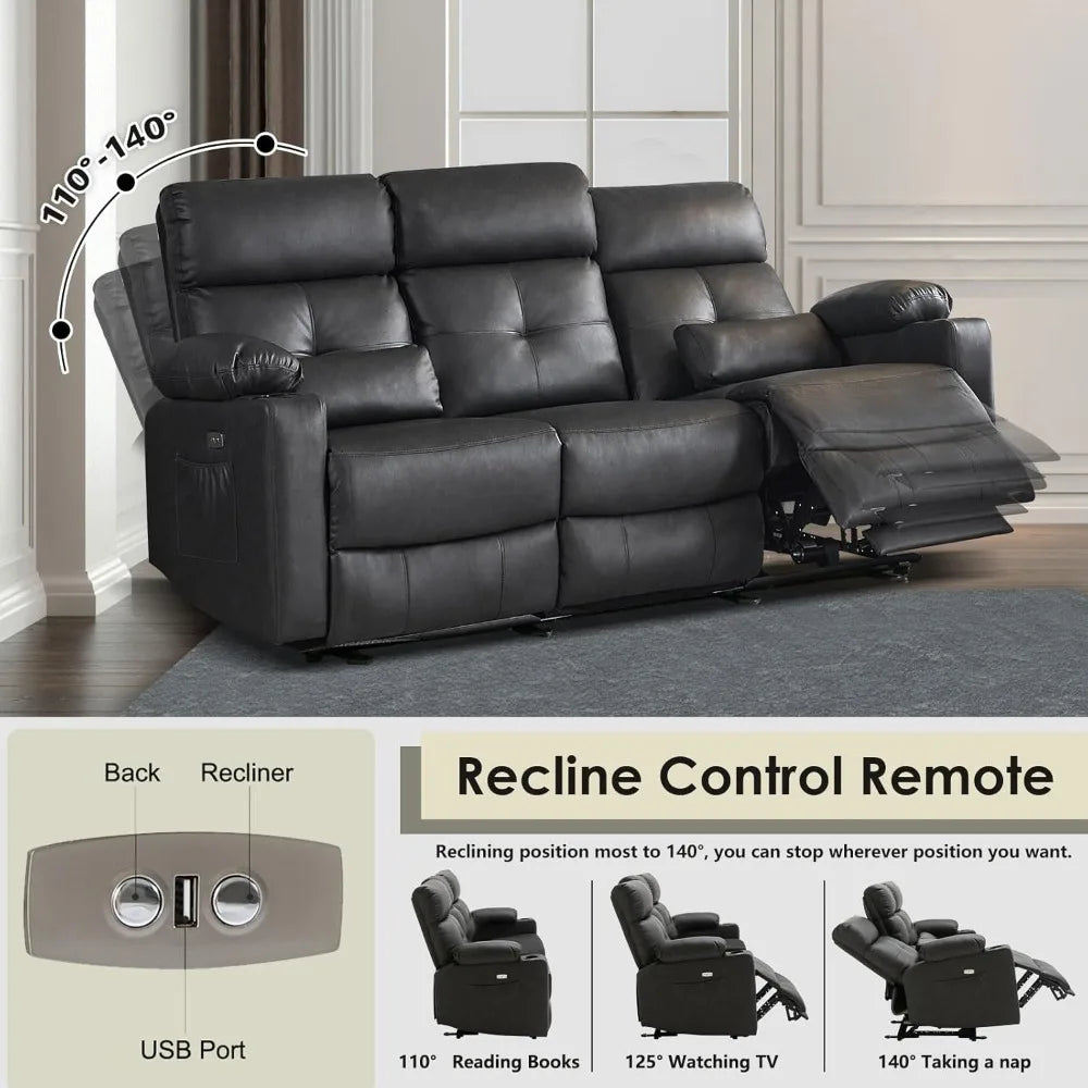 Heated and Massage 3-Seater Power Reclining Sofa with Extended Footrest and USB Ports