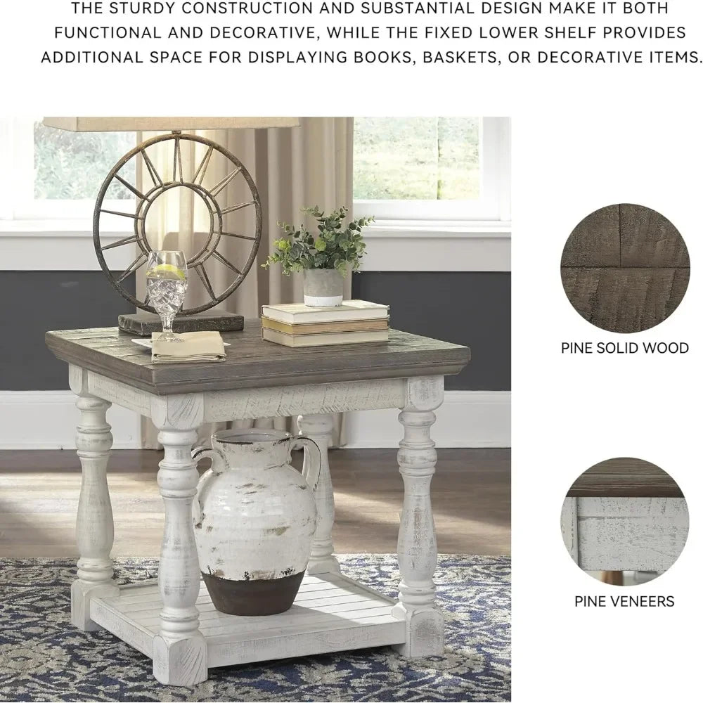 Limited Time Offer, Farmhouse Square End Table with Floor Shelf, Vintage Gray & White with Weathered Finish