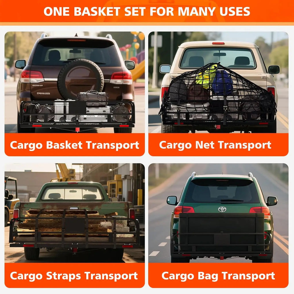 Hitch Cargo Carrier with 500 LBS Capacity, 60 x 24 x 14 Basket, Fits 2 Receivers, Includes Waterproof Bag and Cargo Net