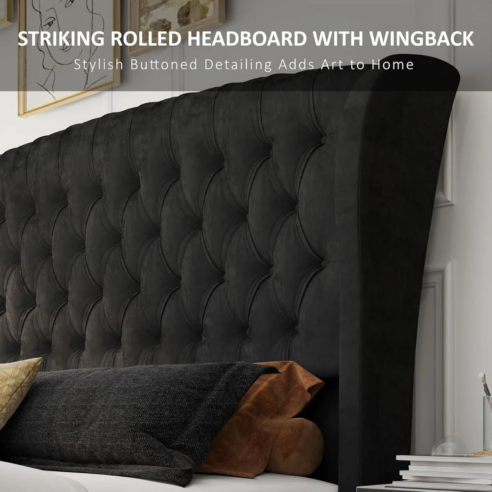 King Size Platform Bed Frame, Velvet Tufted Upholstered Sleigh Bed with Scroll Wingback Headboard & Footboard