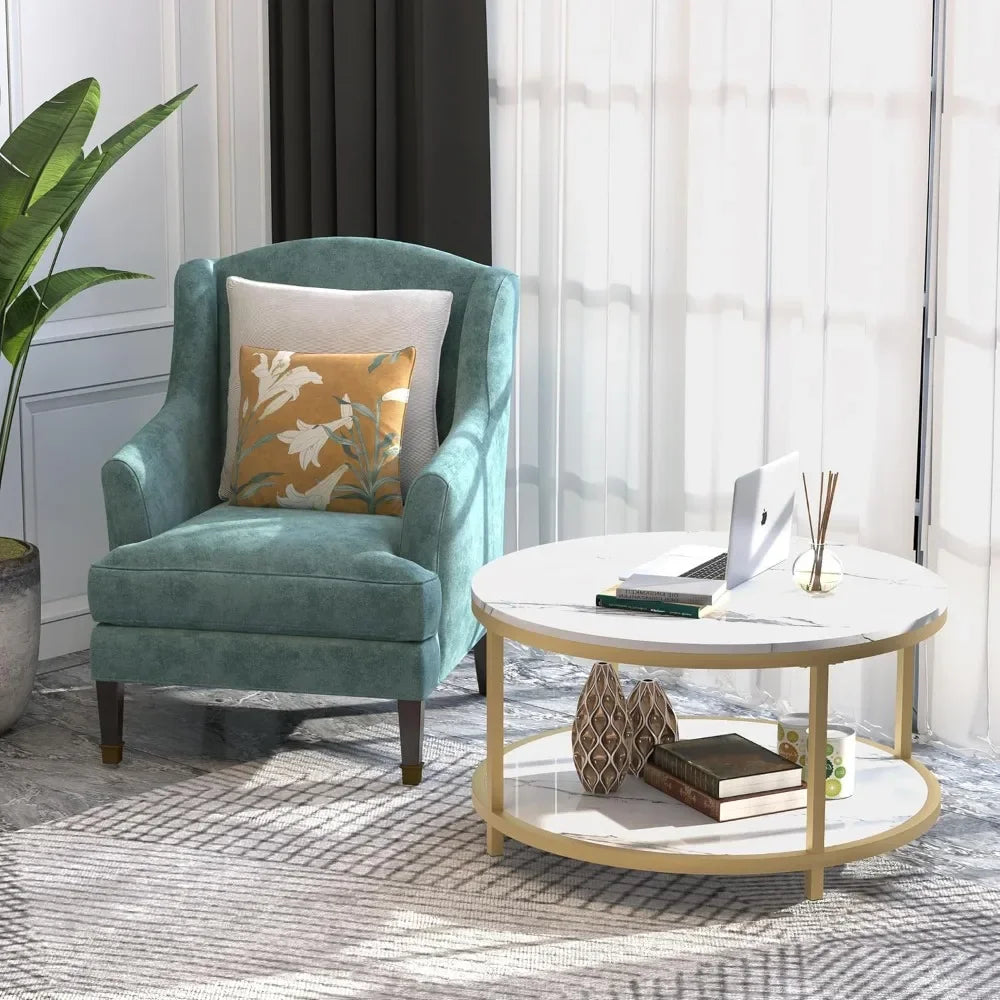 33.5" Round Coffee Table/  Coffee Table Room/ High Glossy Faux Marble Top /Circle Table Sturdy Gold Frame Legs/ Cocktail Table