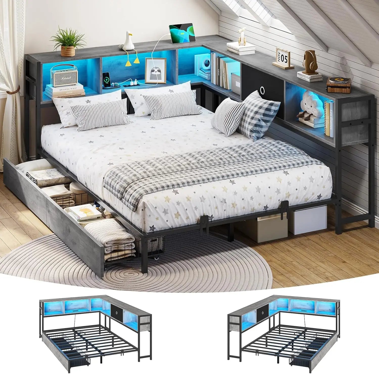 Corner Full Bed Frame, Bookcase Storage, and Led Lights Full Size Metal Platform Bed Frame with Storage Drawers & Charging