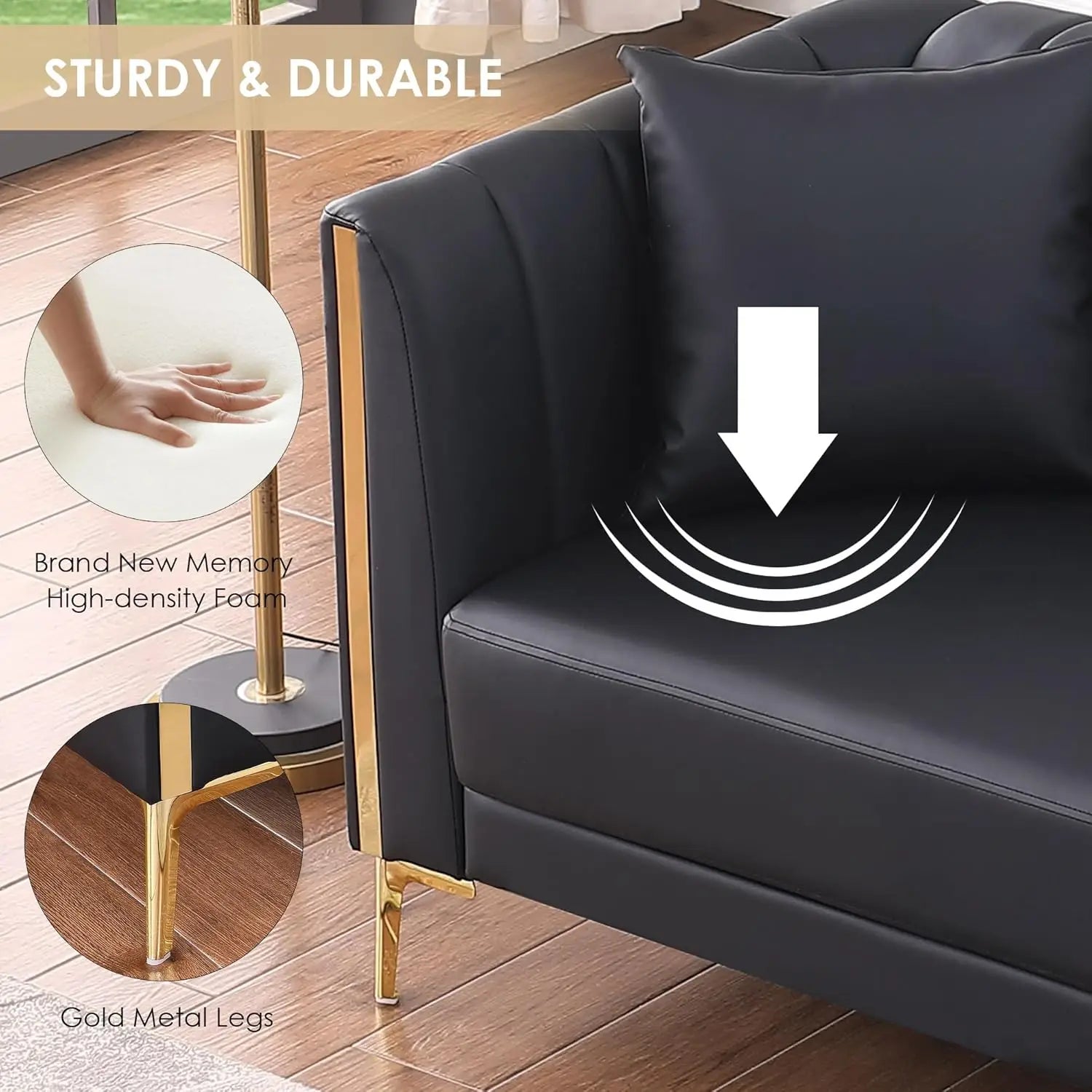 78'' Sofa, Black Faux Leather Couch / Sofa 3 Seater Couch with 2 Throw Pillows and Gold Metal