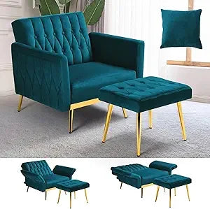 Upholstered Reclining Chair/Ottoman with Adjustable Armrests and Back, Button-Tufted Relaxation Seat