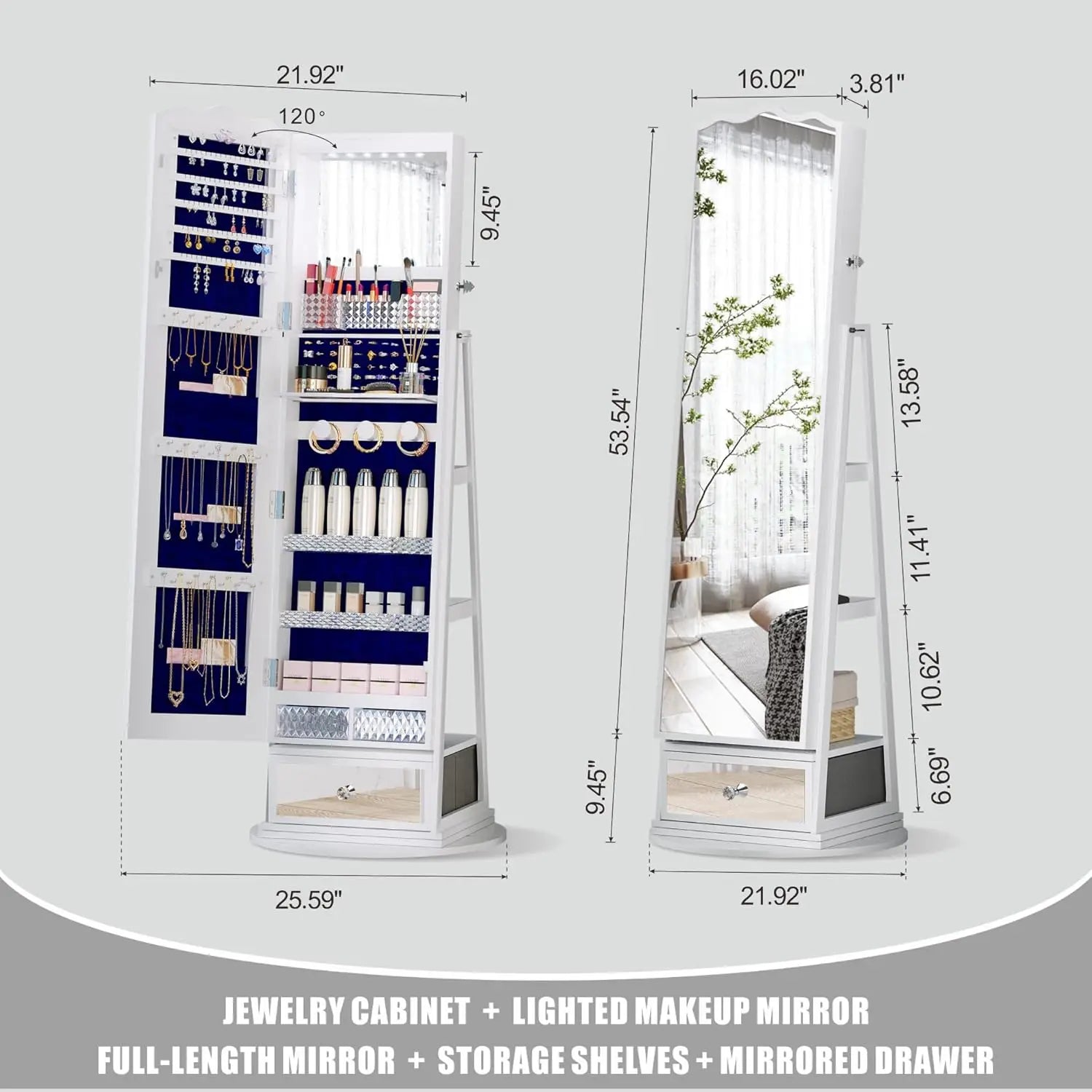 Full-Length Mirror Jewelry Cabinet Standing, 360° Swivel Jewelry Armoire