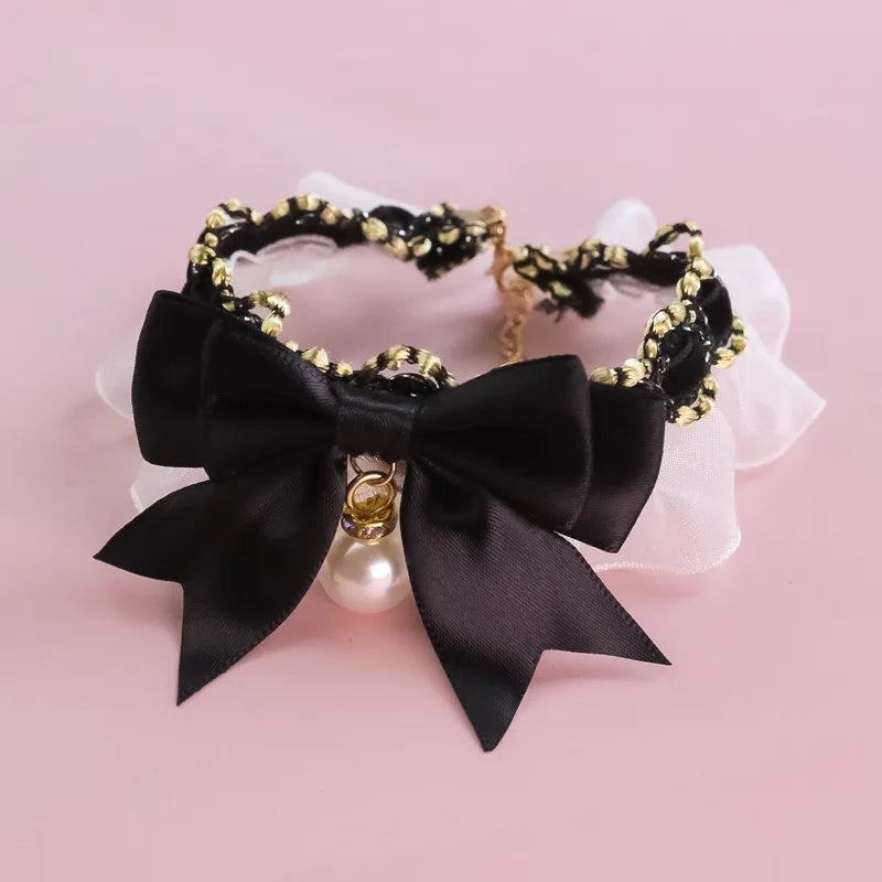 Lace Princess Cat Collar Necklace with Bow and Pearl Decoration Cute Kitten Jewelry Accessory