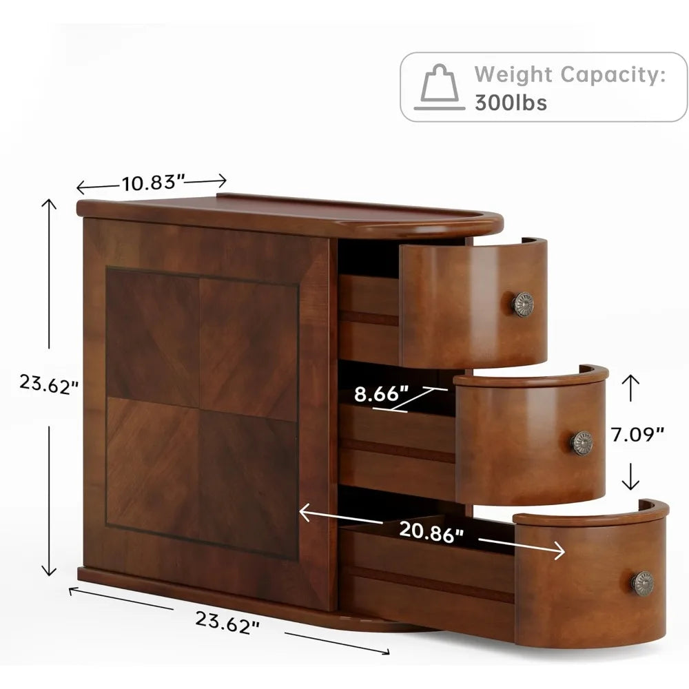 3 Drawers Wood End Table, No Assembly Required, Narrow Sofa Side Table for Living Room, Vintage Slim Nightstand, Bedside Table