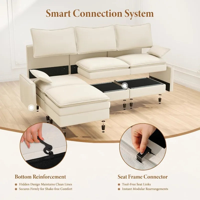 142" U Shaped Sectional Couch,with 2 Ottoman Deep Seat Chenille Modern Cloud Sofa, for Living Room, Bedroom and Apartment, Beige