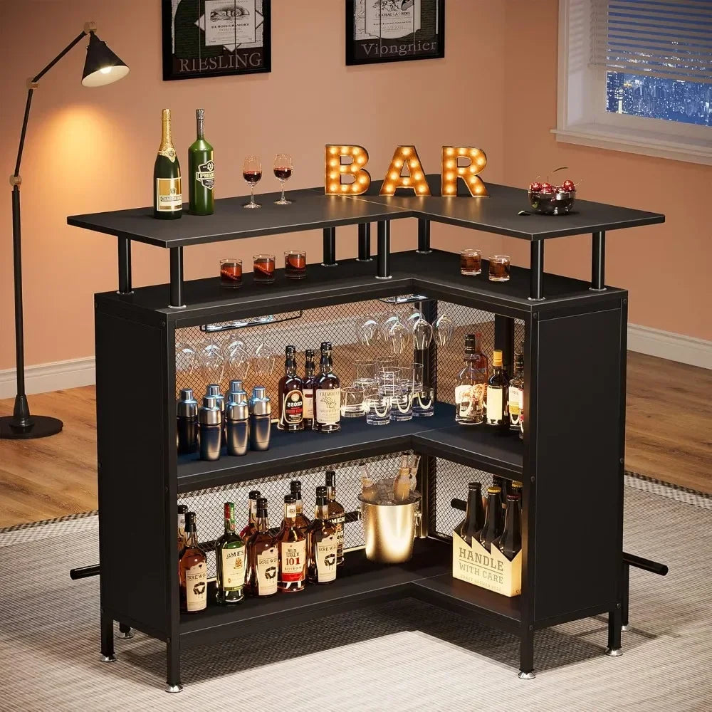 Home Bar Unit, L-Shaped Bar Table with Stemware Racks and 2-Tier Shelves, Corner Mini Coffee Liquor Cabinet with Footrest
